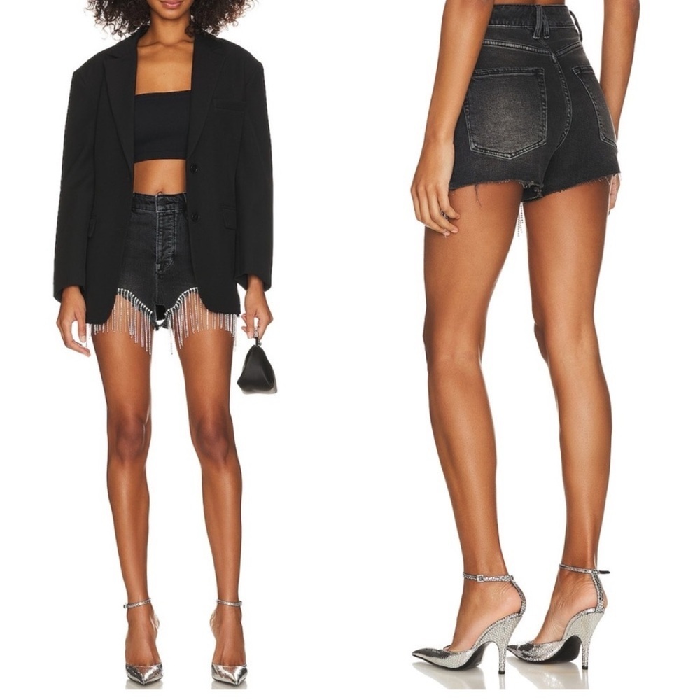 Silver Rhinestone Fringe Black Jean Shorts